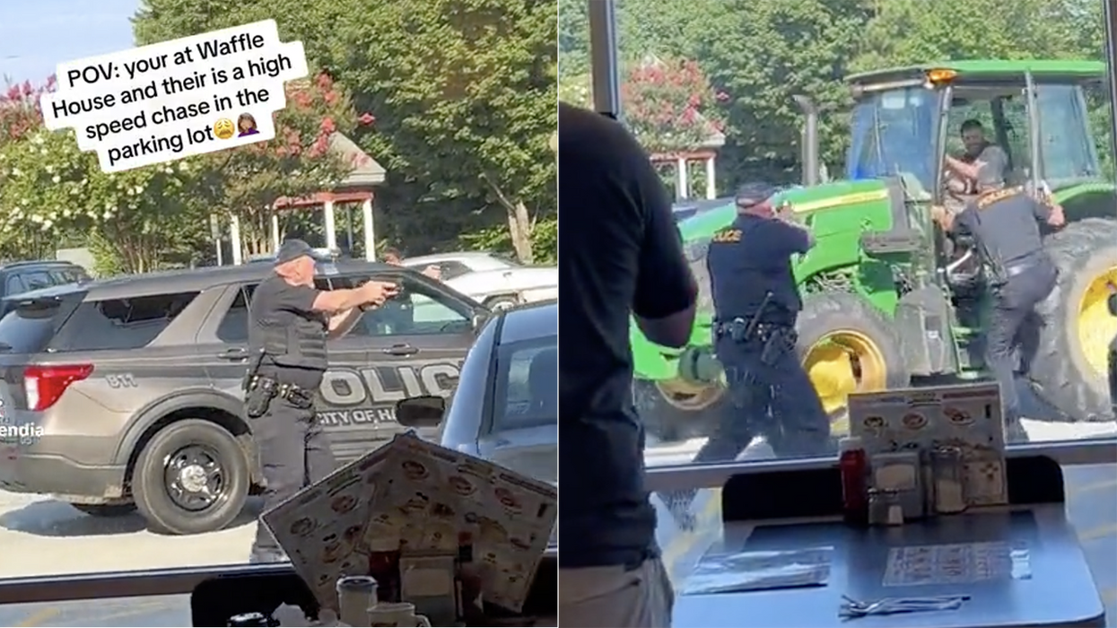 Police stop a green tractor thief outside of Waffle House